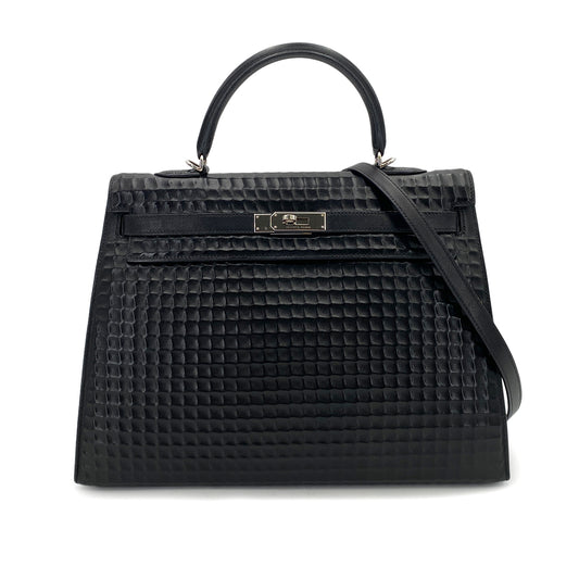 HERMES KELLY 35 WAFFLE BLACK DEUTCH HAND SHOULDER BAG □H 90243550