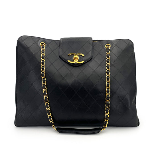 CHANEL VINTAGE SUPER MODEL BICOLORE CHAIN TOTE BAG BLACK LAMB SKIN 90243559