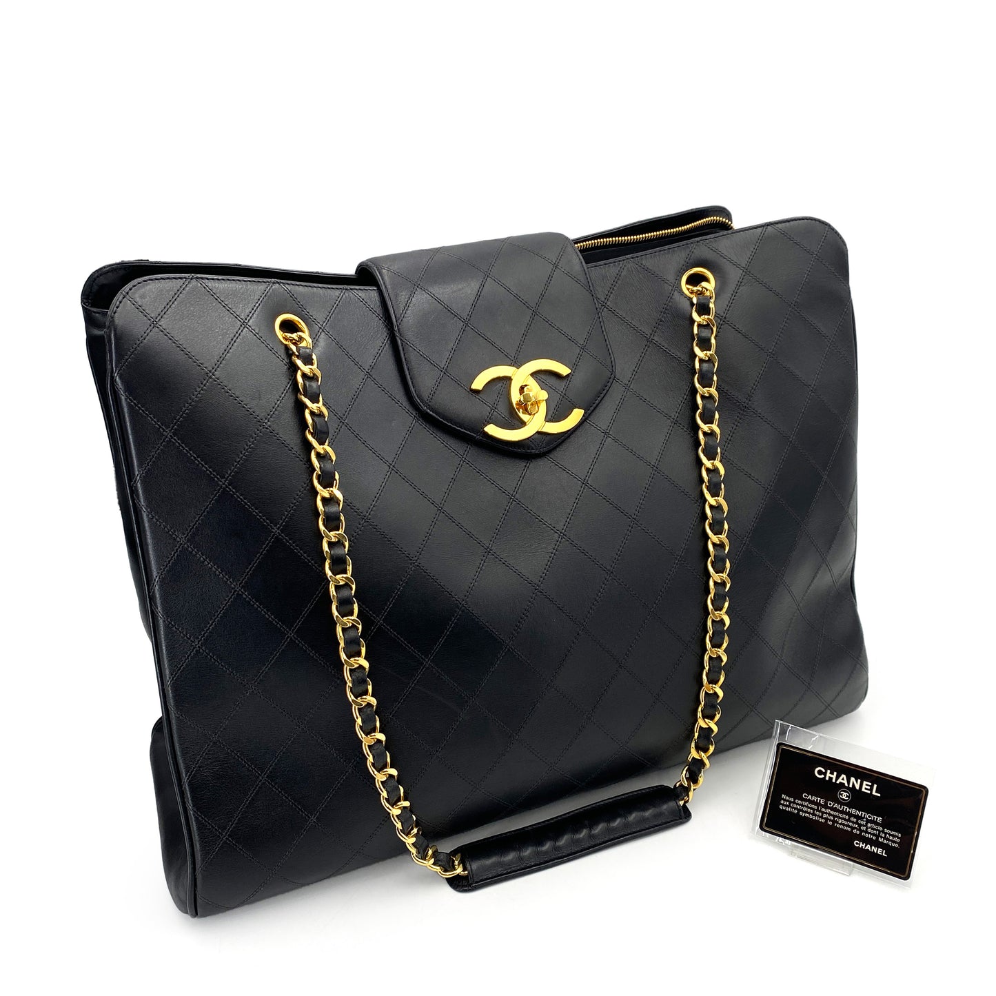CHANEL VINTAGE SUPER MODEL BICOLORE CHAIN TOTE BAG BLACK LAMB SKIN 90243559