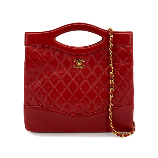 CHANEL VINTAGE MATELASSE HAND SHOULDER BAG RED LAMB SKIN 90244686