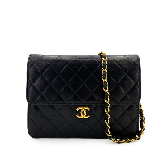 CHANEL VINTAGE MATELASSE PUSH LOCK CHAIN SHOULDER BAG BLACK LAMB SKIN 90244688