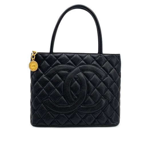 CHANEL VINTAGE MEDALLION TOTE BAG BLACK CAVIAR SKIN 90244691