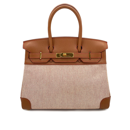 HERMES BIRKIN 30 GOLD COUCHEVEL TOILE HAND BAG □C 90244733