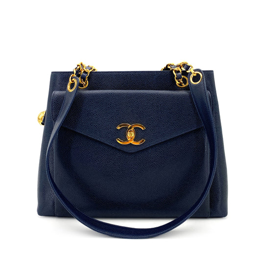 CHANEL VINTAGE CHAIN TOTE BAG NAVY CAVIAR SKIN 90244748