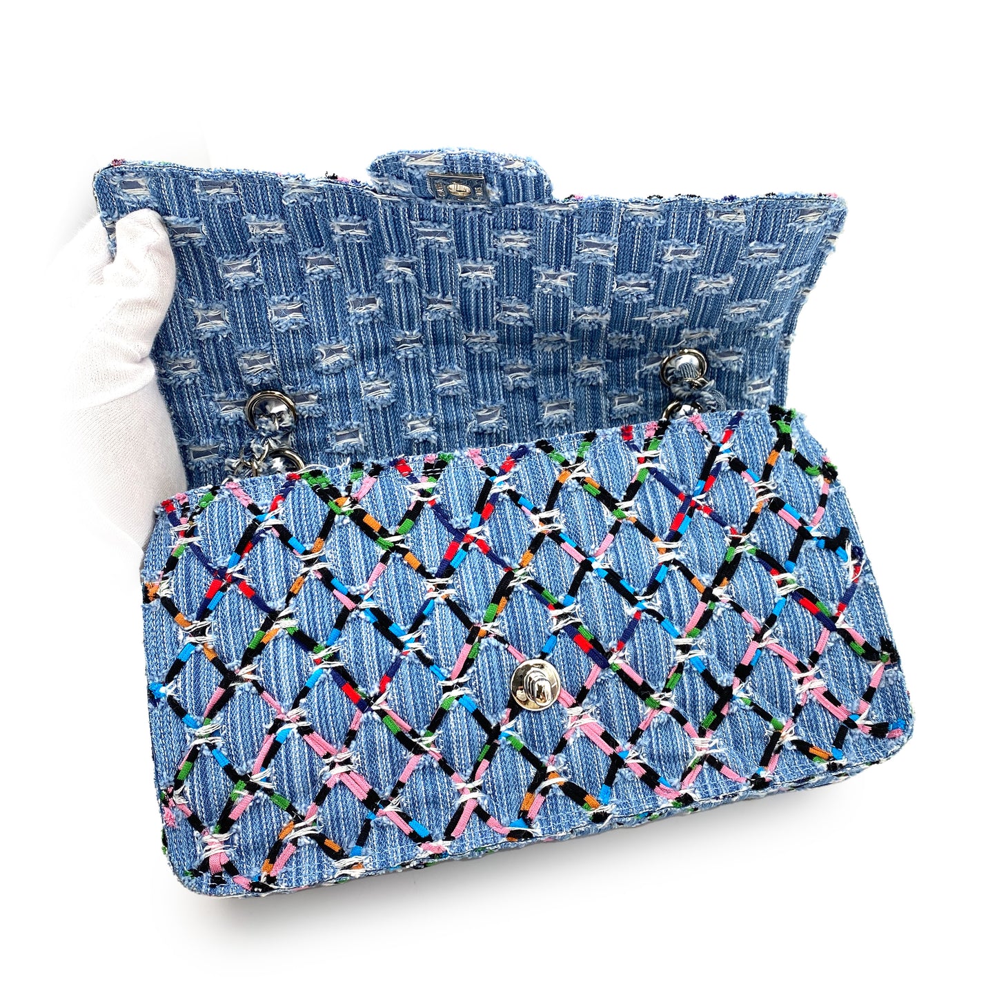 CHANEL DOUBLE CHAIN SHOULDER BAG MULTICOLOR DENIM 90244752
