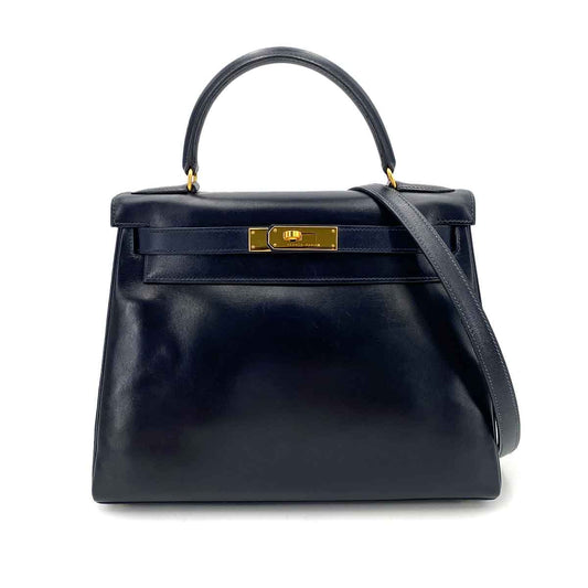 HERMES KELLY 28 RETOURNE BLUE INDIGO BOXCALF HAND SHOULDER BAG 〇W 90244759