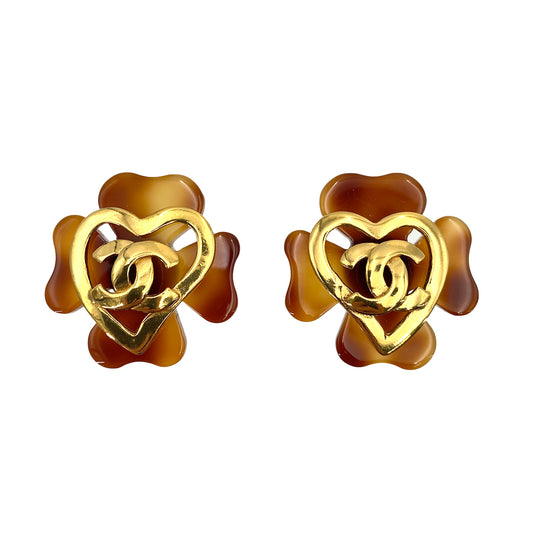 CHANEL VINTAGE EARRINGS TORTOISESHELL CLOVER MOTIF COCOMARK ACCESSORY 95P 90244768