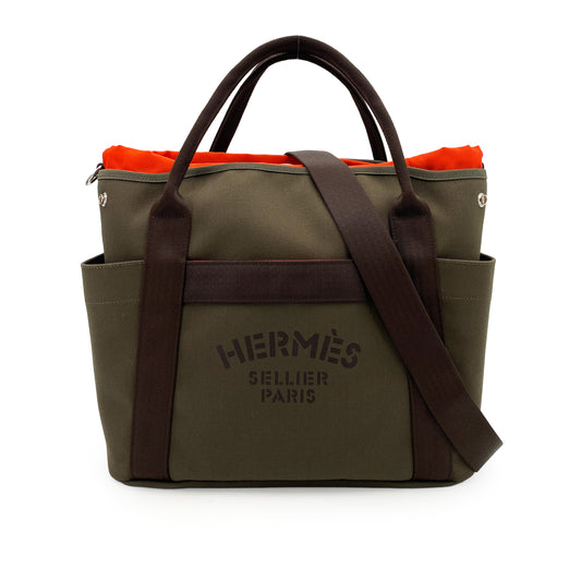 HERMES SAC DE PANSAGE GROOM KHAKI TOILE CHEVRON BRIDLE LEATHER HAND BAG A 90244805