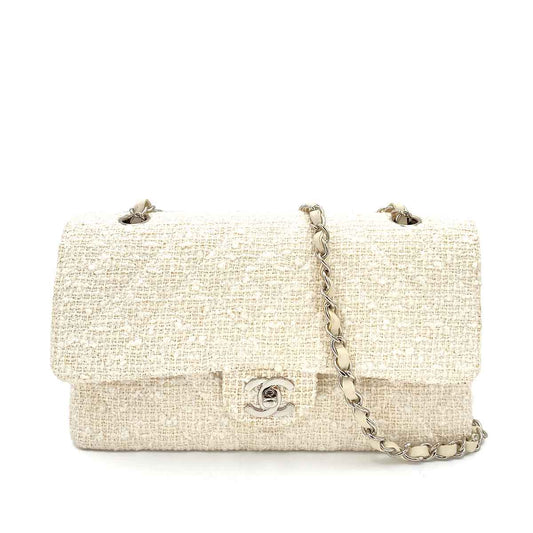 CHANEL VINTAGE CLASSIC FLAP MEDIUM CHAIN SHOULDER BAG WHITE TWEED SHW 90244808