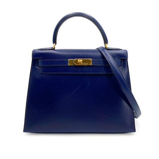 HERMES KELLY 28 SELLIER BLUE ROY BOXCALF HAND SHOULDER BAG 〇Y 90244821
