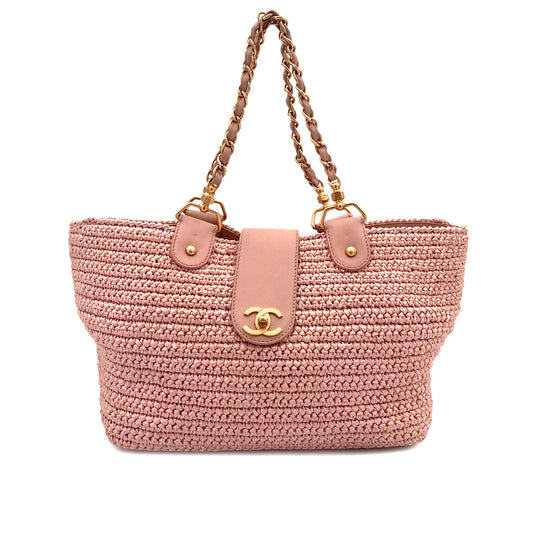 CHANEL VINTAGE CHAIN TOTE BAG PINK RAFFIA 90244823