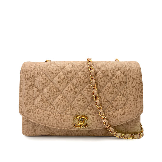 CHANEL VINTAGE DIANA MEDIUM CHAIN SHOULDER BAG BEIGE CAVIAR SKIN 90245035