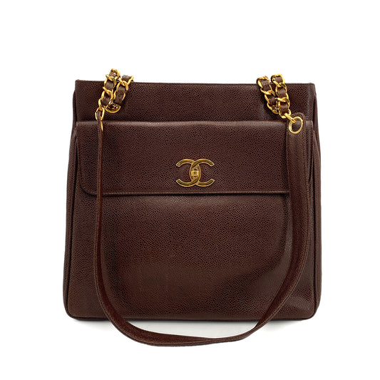 CHANEL VINTAGE CHAIN TOTE BAG BROWN CAVIAR SKIN 90245038
