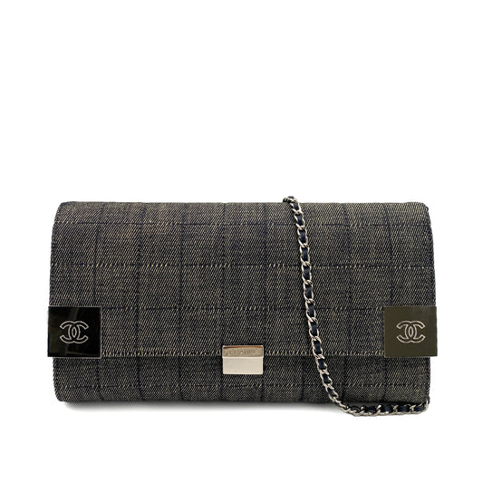 CHANEL VINTAGE CHOCOLATE BAR CHAIN SHOULDER BAG BLACK DENIM 90245044