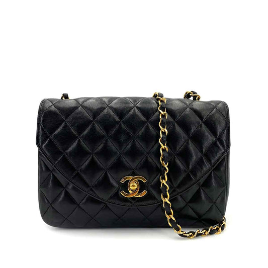 CHANEL VINTAGE HALF MOON CHAIN SHOULDER BAG BLACK LAMB SKIN 90245059