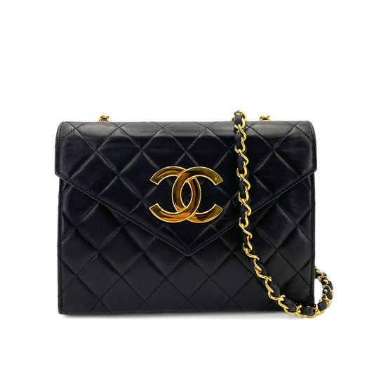 CHANEL VINTAGE MATELASSE BIG COCO CHAIN SHOULDER BAG BLACK LAMB SKIN 90245060