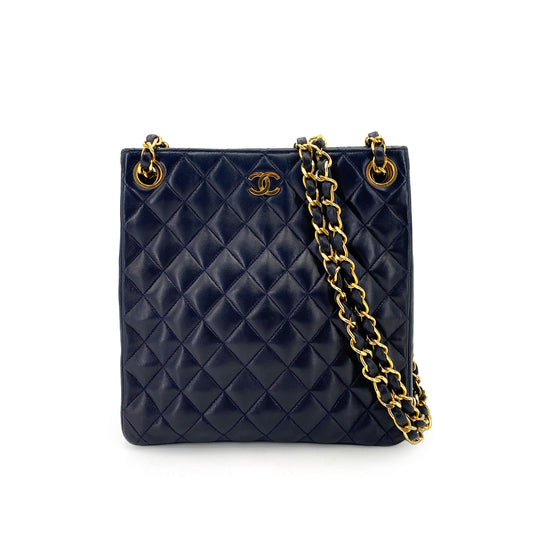 CHANEL VINTAGE MATELASSE CHAIN TOTE BAG NAVY LAMB SKIN 90245061