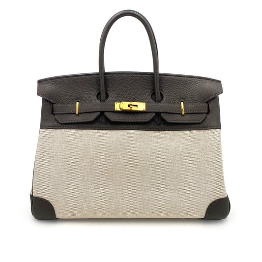 HERMES BIRKIN 35 EBENE TAURILLON CLEMENCE TOILE H HAND BAG □I 90245549