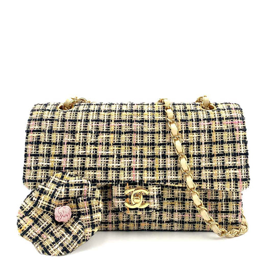 CHANEL VINTAGE CLASSIC FLAP MEDIUM CHAIN SHOULDER BAG BLACK WHITE TWEED 90245645