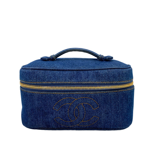 CHANEL VINTAGE VANITY HAND BAG BLUE DENIM 90245646