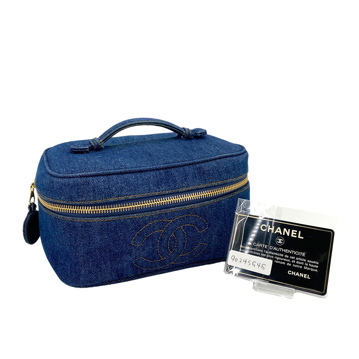 CHANEL VINTAGE VANITY HAND BAG BLUE DENIM 90245646