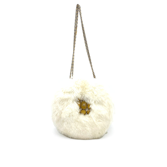 CHANEL VINTAGE ROUND CHAIN SHOULDER BAG WHITE FUR 90245651