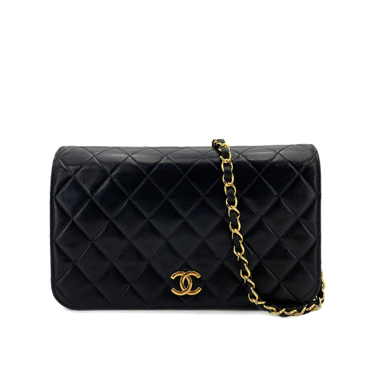 CHANEL VINTAGE FULL FLAP PUSH LOCK CHAIN SHOULDER BAG BLACK LAMB SKIN 90245665