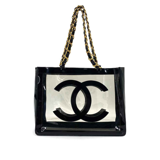 CHANEL VINTAGE COCO CLEAR CHAIN SHOULDER BAG BLACK VINYL 90245666