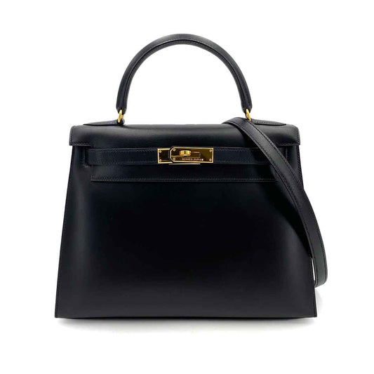 HERMES KELLY 28 SELLIER BLACK BOXCALF HAND SHOULDER BAG 〇A 90245668