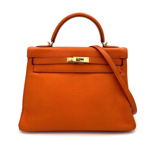 HERMES KELLY 32 RETOURNE ORANGE TAURILLON HAND SHOULDER BAG □G 90245676