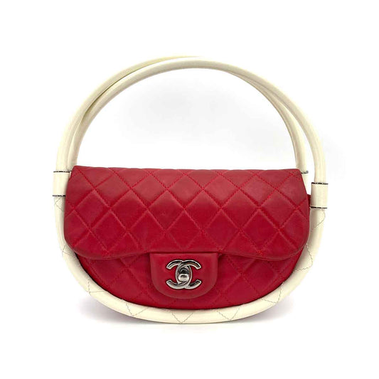 CHANEL HULA HOOP CROSS HAND BAG RED WHITE LAMB SKIN 90245797