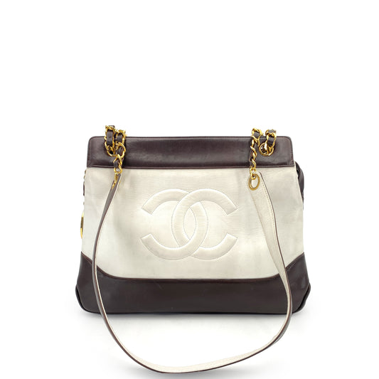 CHANEL VINTAGE BIG COCO CHAIN TOTE BAG BROWN WHITE LAMB SKIN 90245798