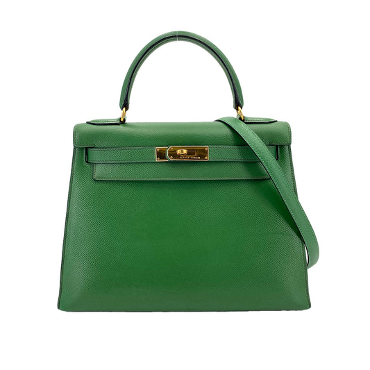 HERMES KELLY 28 SELLIER GREEN TYPE COUCHVEL HAND SHOULDER BAG 〇X 90246310
