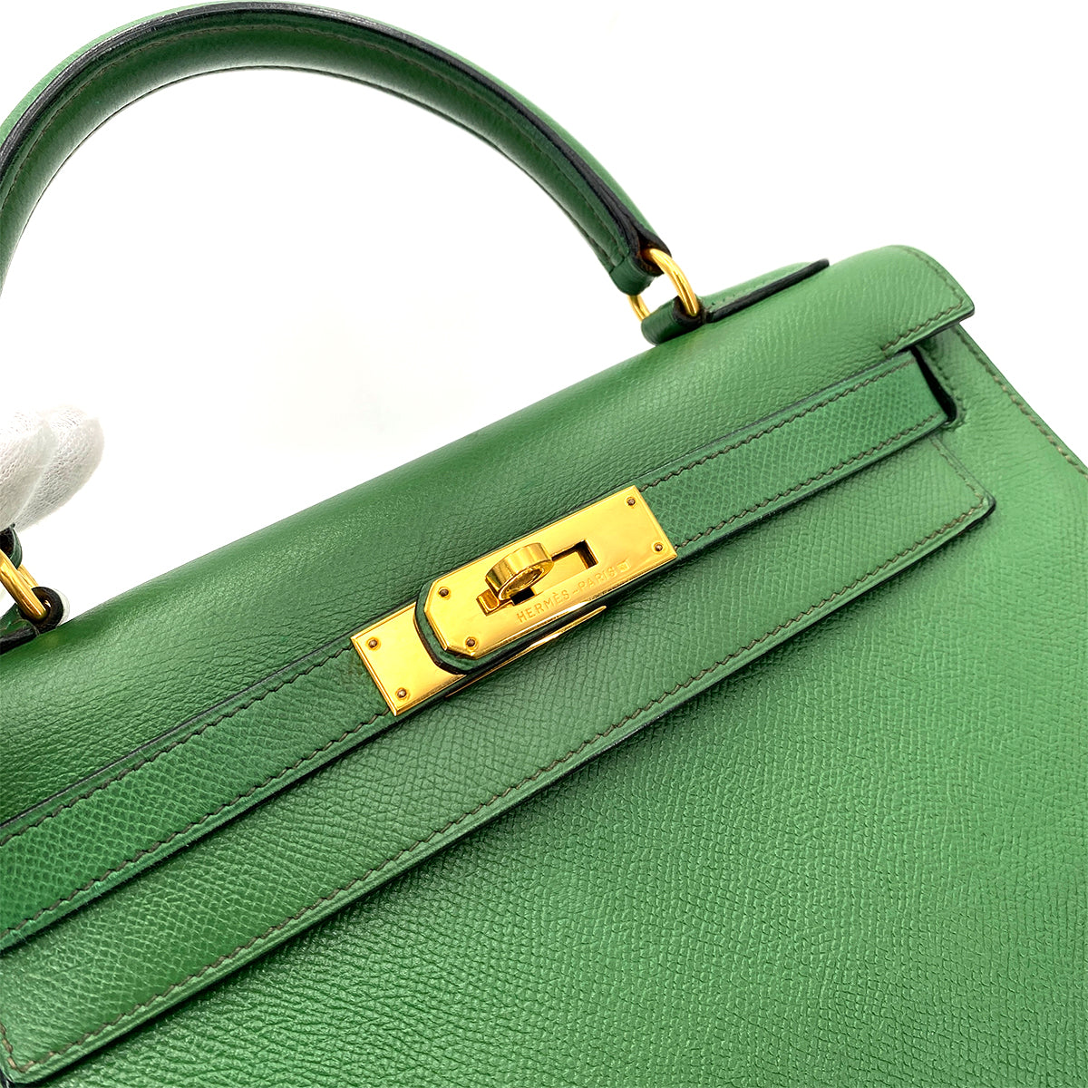 HERMES KELLY 28 SELLIER GREEN TYPE COUCHVEL HAND SHOULDER BAG 〇X 90246310