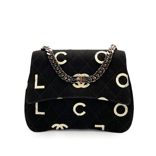 CHANEL VINTAGE LOGO PRINT CHAIN HAND BAG CANVAS BLACK 90246349