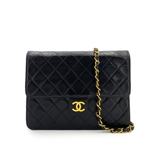 CHANEL VINTAGE MATELASSE PUSH LOCK CHAIN SHOULDER BAG BLACK LAMB SKIN 90246356