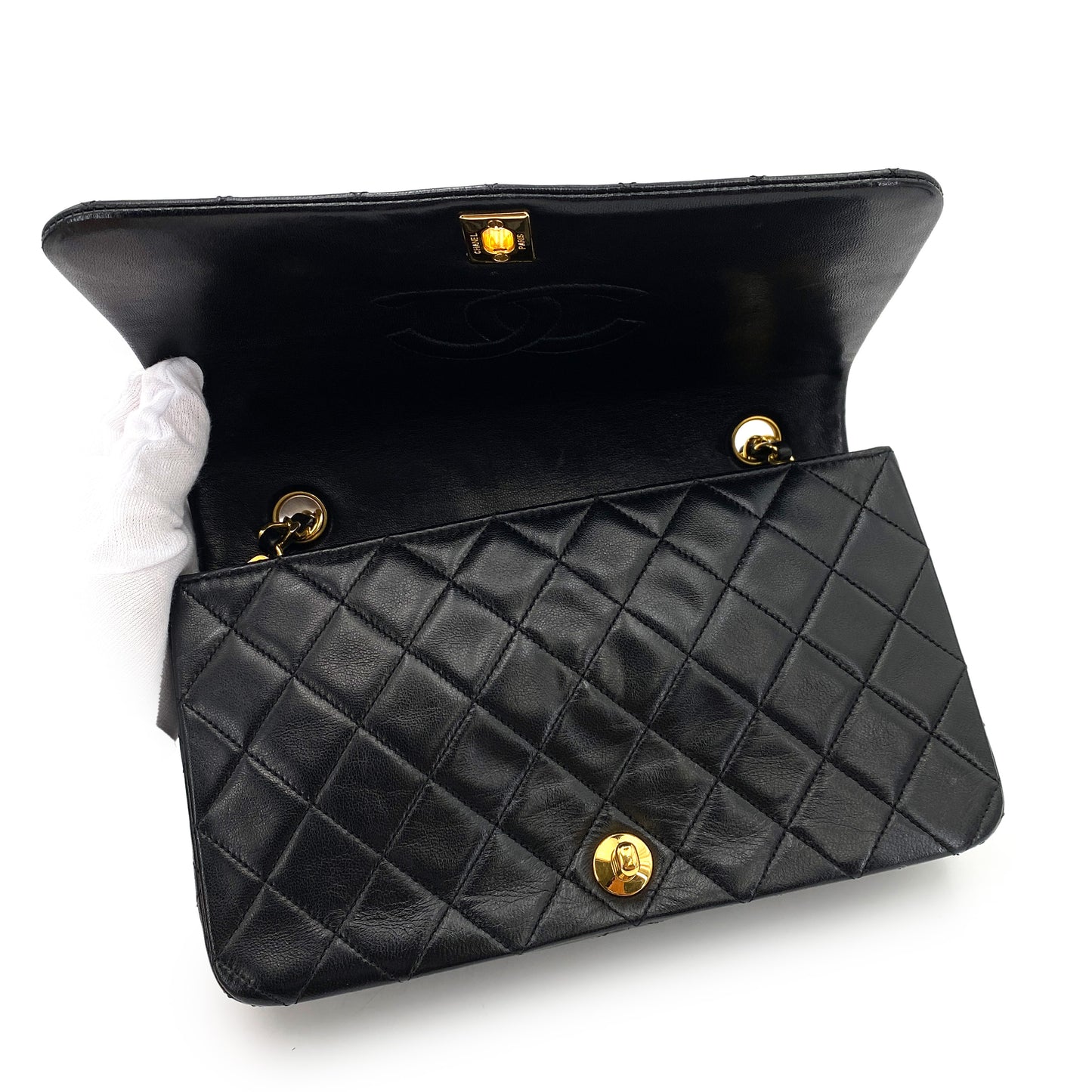 CHANEL VINTAGE FULL FLAP CHAIN SHOULDER BAG BLACK LAMB SKIN 90246906