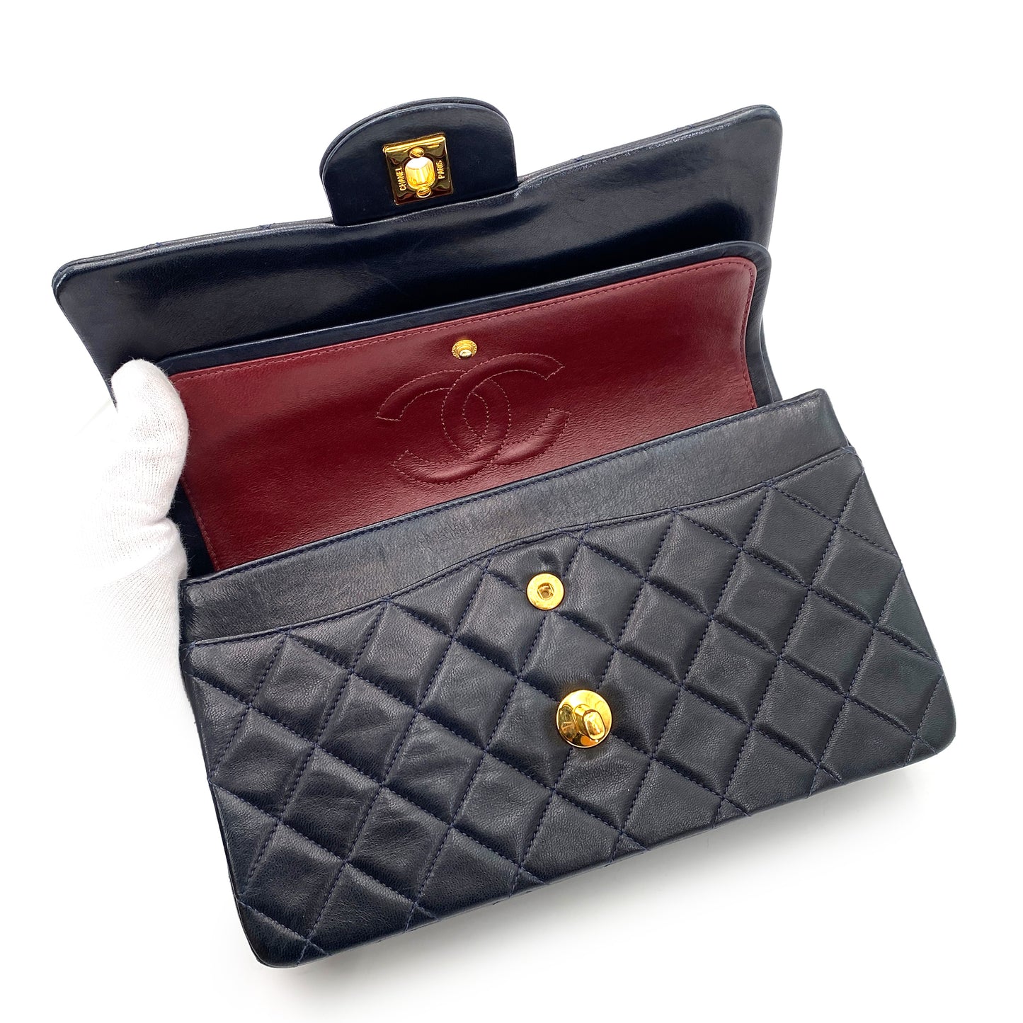 CHANEL VINTAGE CLASSIC FLAP SMALL CHAIN SHOULDER BAG NAVY LAMB SKIN 90246915