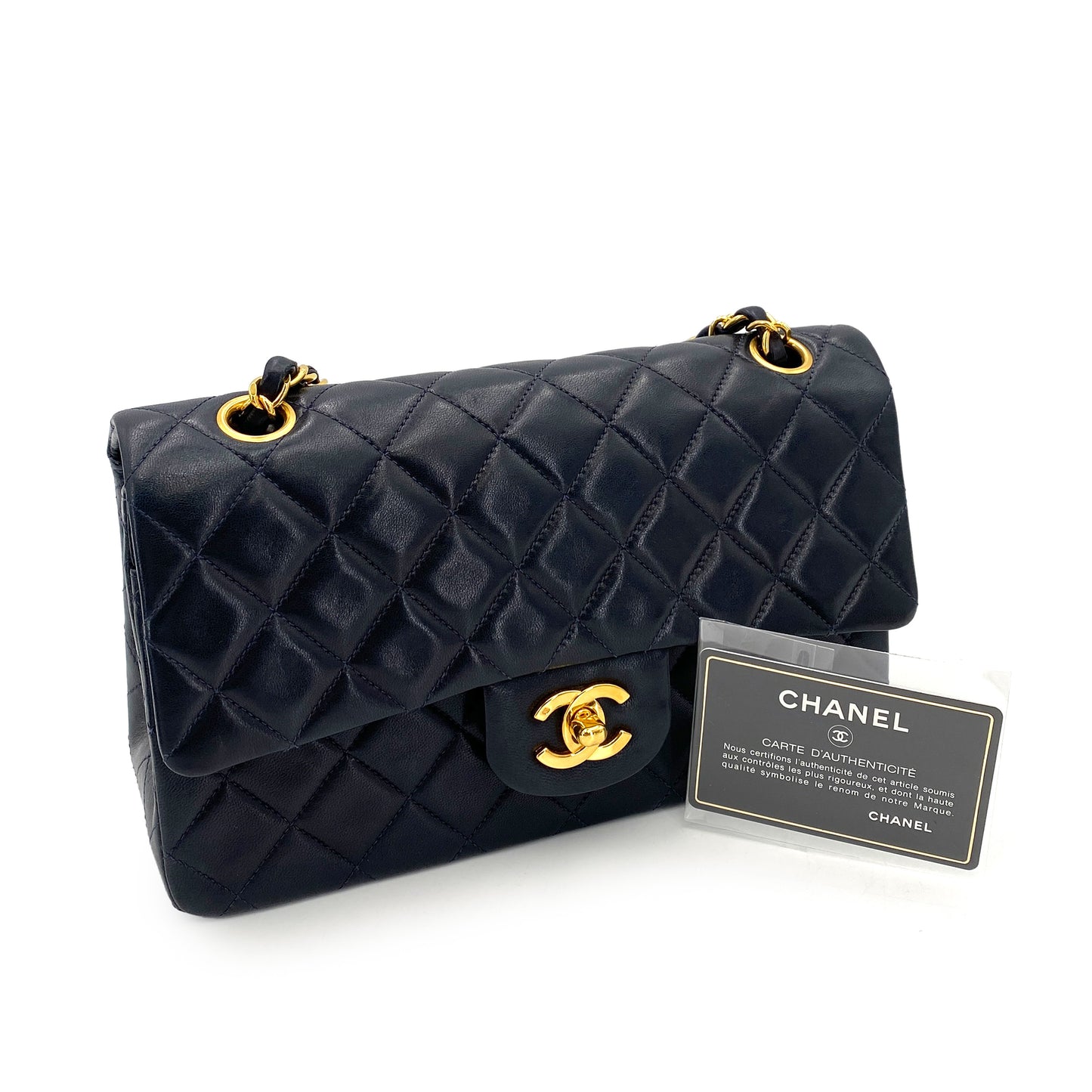 CHANEL VINTAGE CLASSIC FLAP SMALL CHAIN SHOULDER BAG NAVY LAMB SKIN 90246915