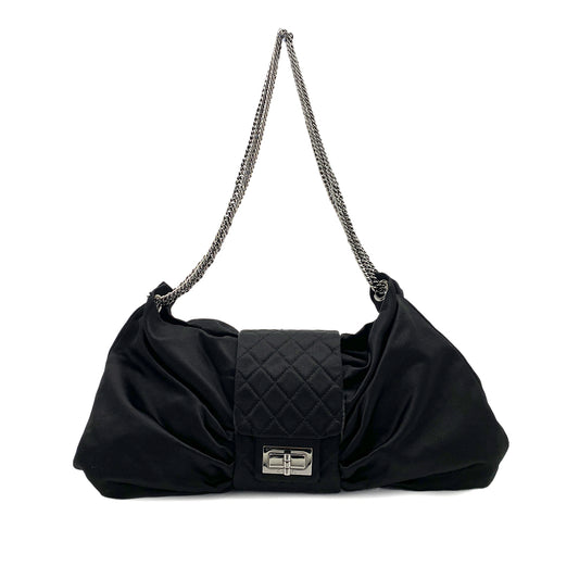 CHANEL VINTAGE 2.55 RIBBON CHAIN SHOULDER BAG BLACK SATIN 90246922
