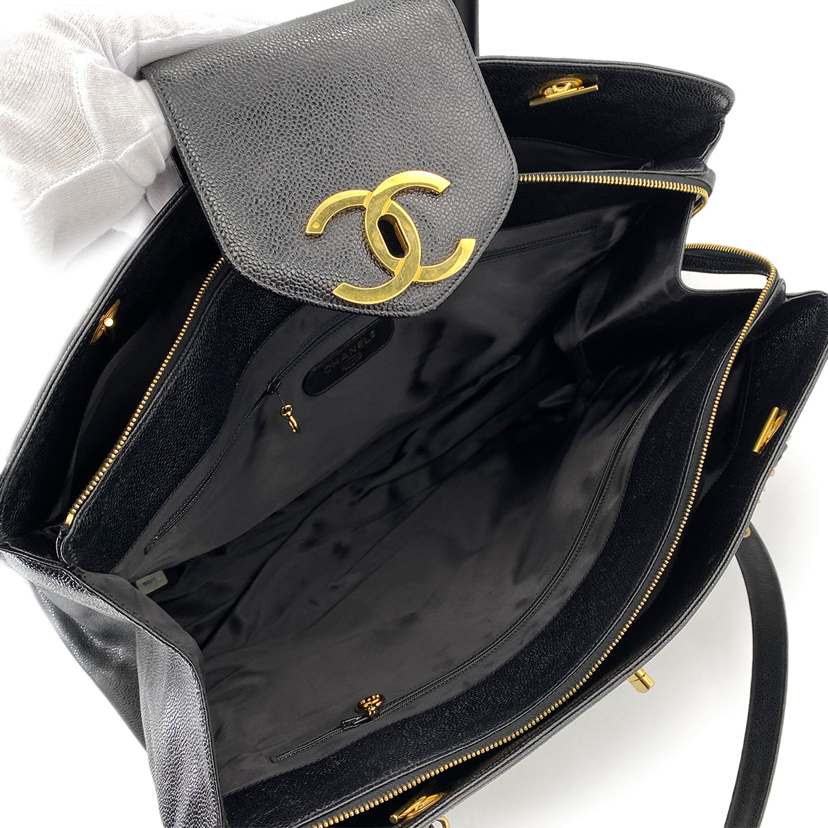 CHANEL VINTAGE SUPER MODEL CHAIN TOTE BAG BLACK CAVIAR SKIN 90246924