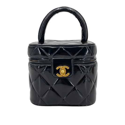 CHANEL VINTAGE VANITY HEART MIRROR HAND BAG BLACK ENAMEL 90246932