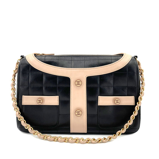 CHANEL VINTAGE GIRL CHANEL CHAIN SHOULDER BAG BLACK BEIGE CALF SKIN 90247084