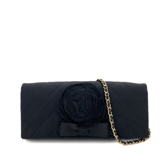 CHANEL VINTAGE CAMELLIA FLOWER CHAIN SHOULDER BAG BLACK SATIN 90247103