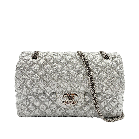 CHANEL FLAP SMALL CHAIN SHOULDER BAG METALLIC SILVER CANVAS 90247122