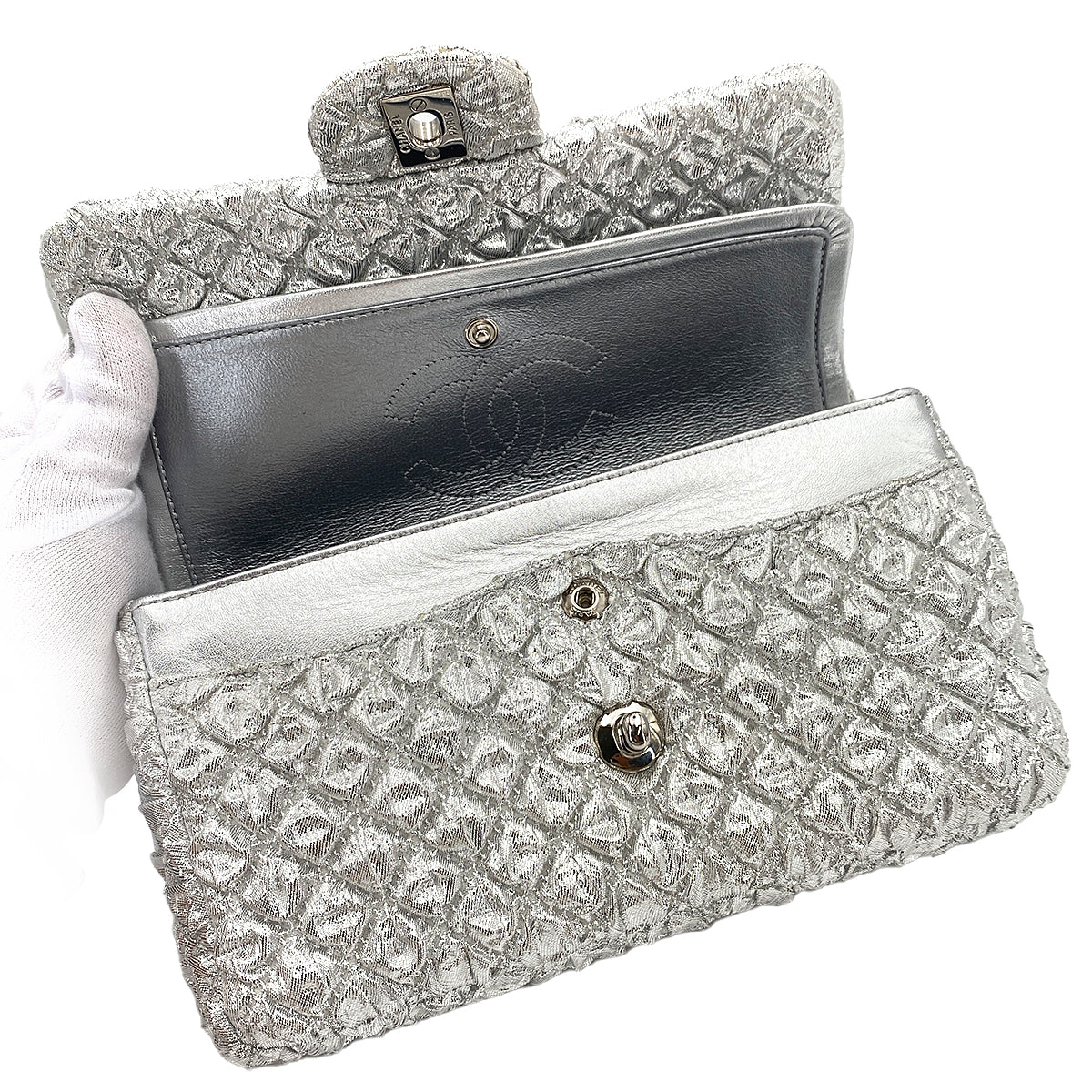 CHANEL FLAP SMALL CHAIN SHOULDER BAG METALLIC SILVER CANVAS 90247122