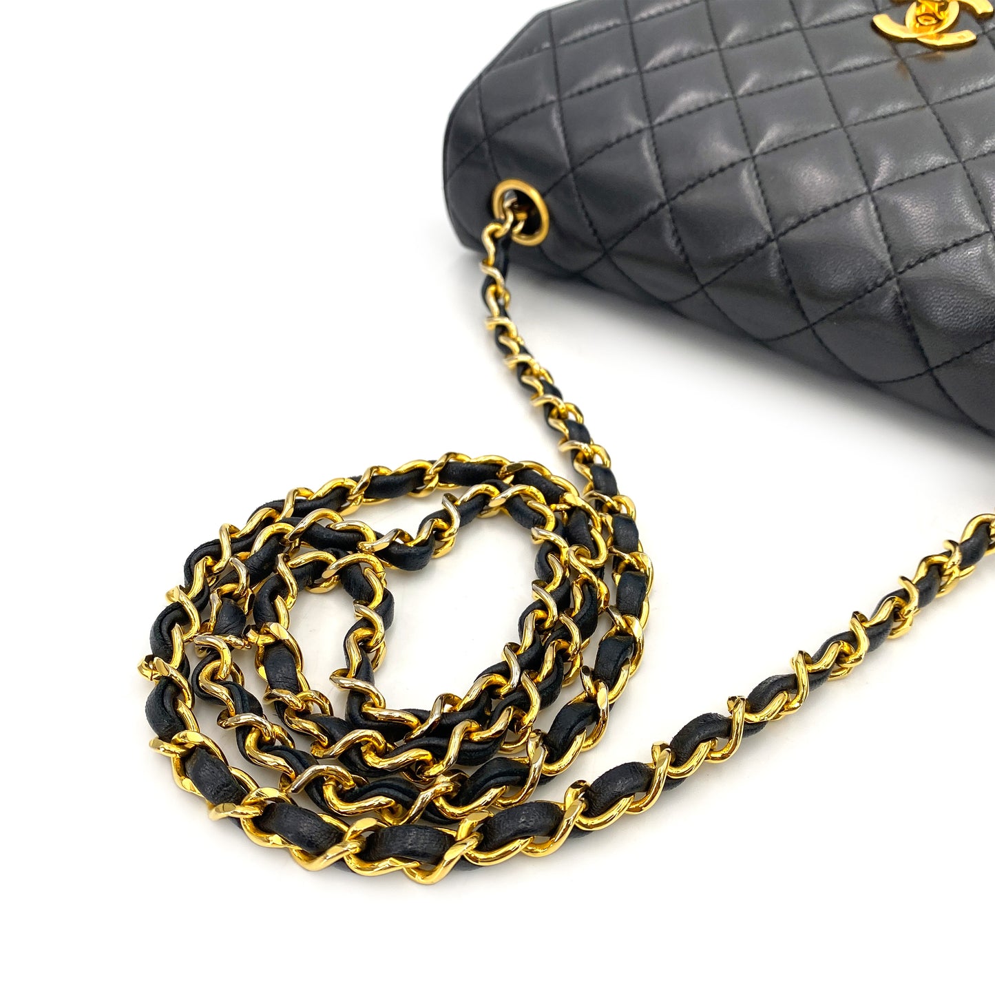 CHANEL VINTAGE HALF MOON CHAIN SHOULDER BAG BLACK LAMB SKIN 90247132