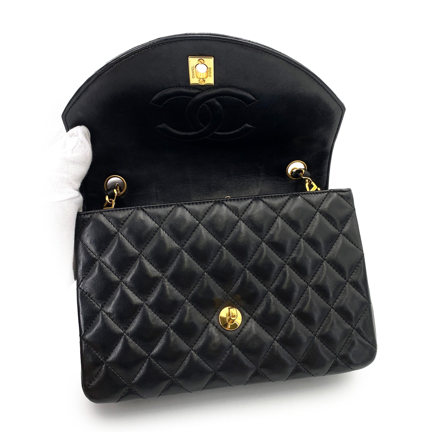 CHANEL VINTAGE HALF MOON CHAIN SHOULDER BAG BLACK LAMB SKIN 90247132