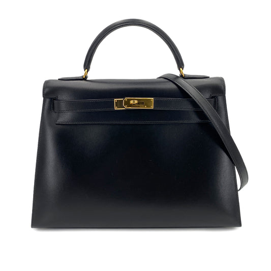 HERMES KELLY 32 SELLIER BLACK BOX CALF HAND SHOULDER BAG □C 90247163