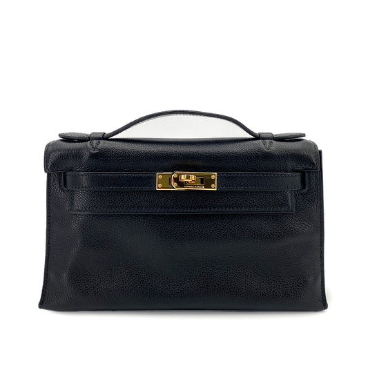 HERMES KELLY POCHETTE SELLIER BLACK EVERGRAIN HAND BAG □H GHW 90247192
